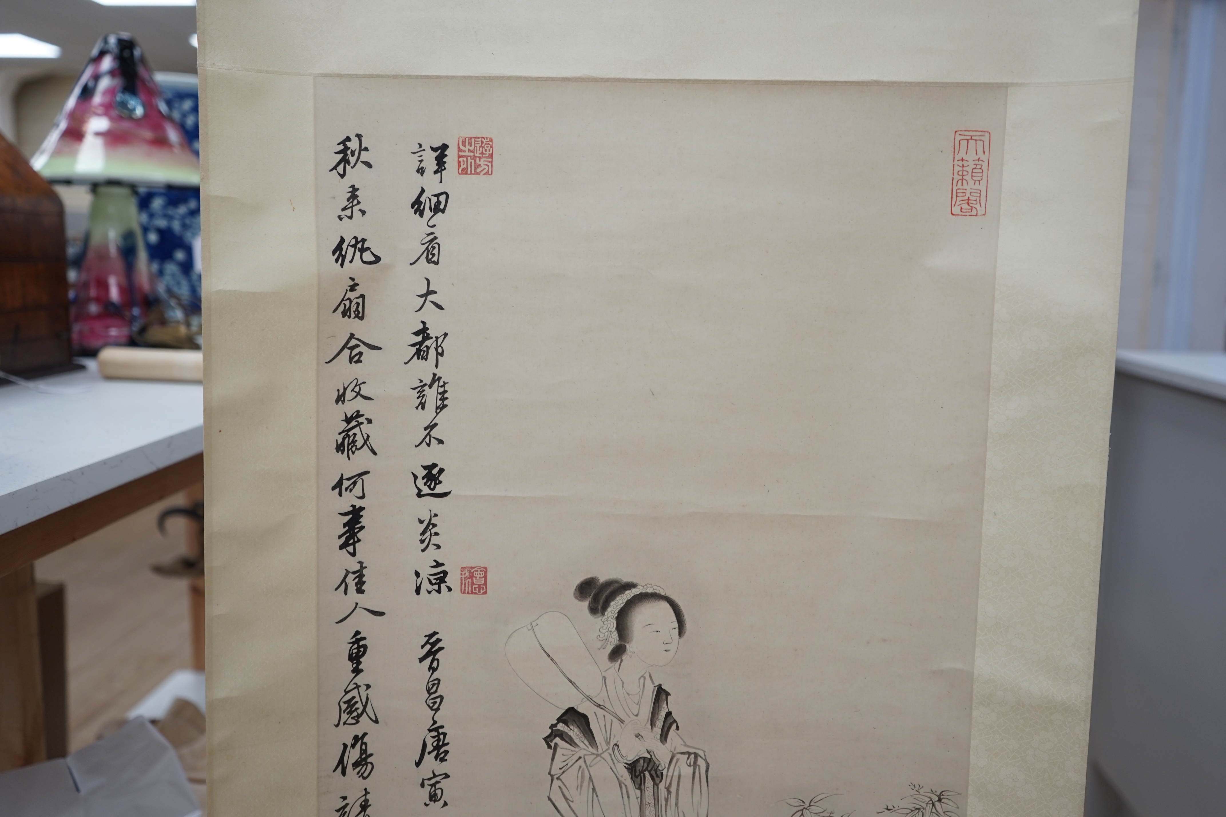 Two Chinese painted scrolls, one on silk, a female wearing a kimono and a landscape